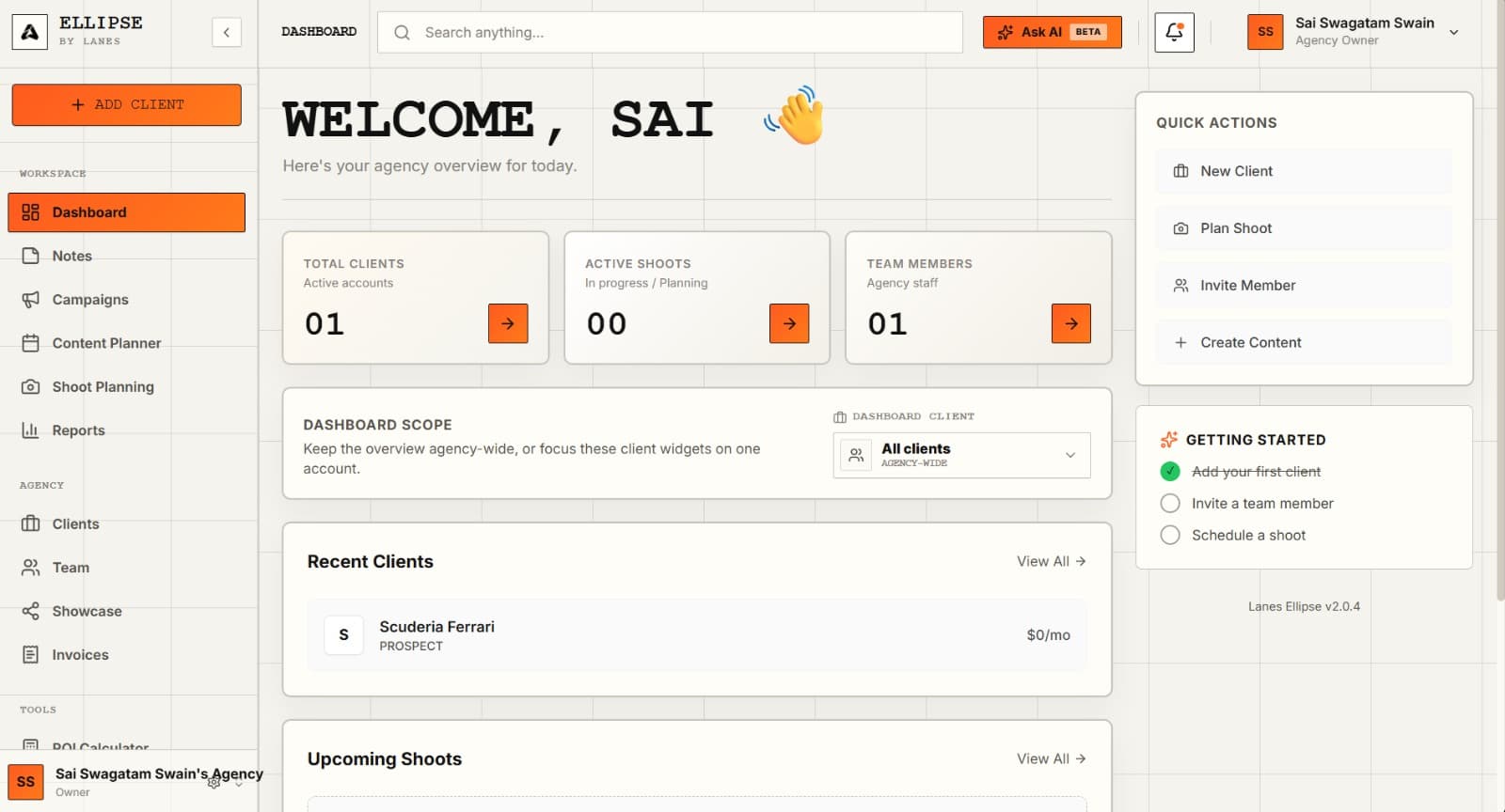 Ellipse dashboard product screenshot